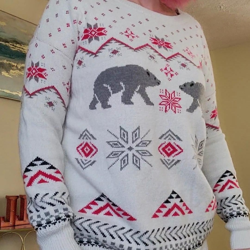 Repartee Womens Gray Bear Graphic Crew Neck Long Sleeve Winter Sweater